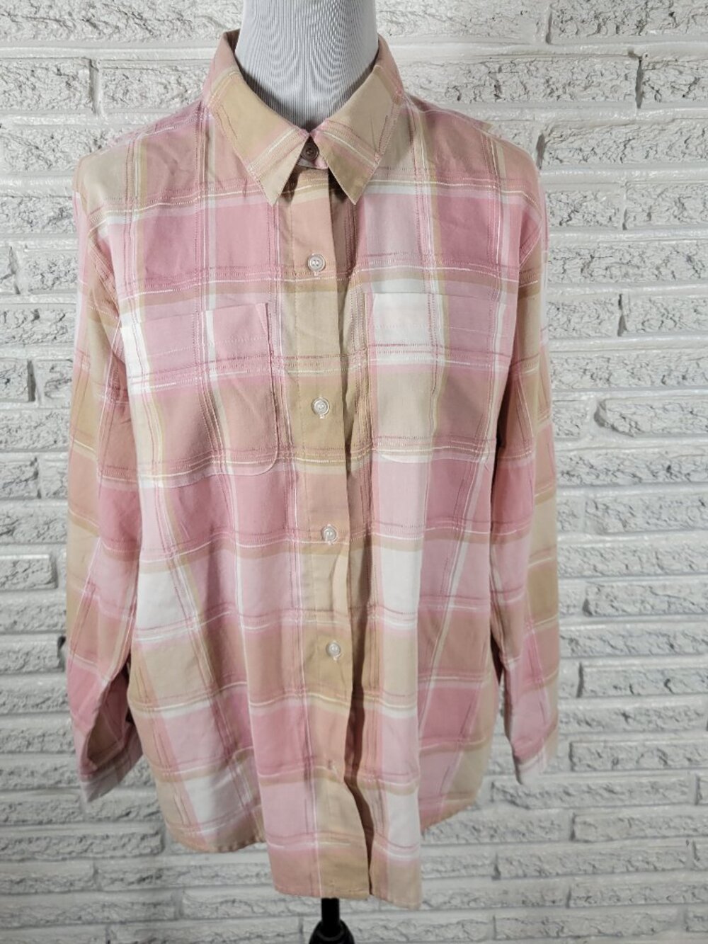 Alfred Dunner Blouse Women 20 Pink Tan Plaid Embroidered Roll Tab Sleeve PLA29E